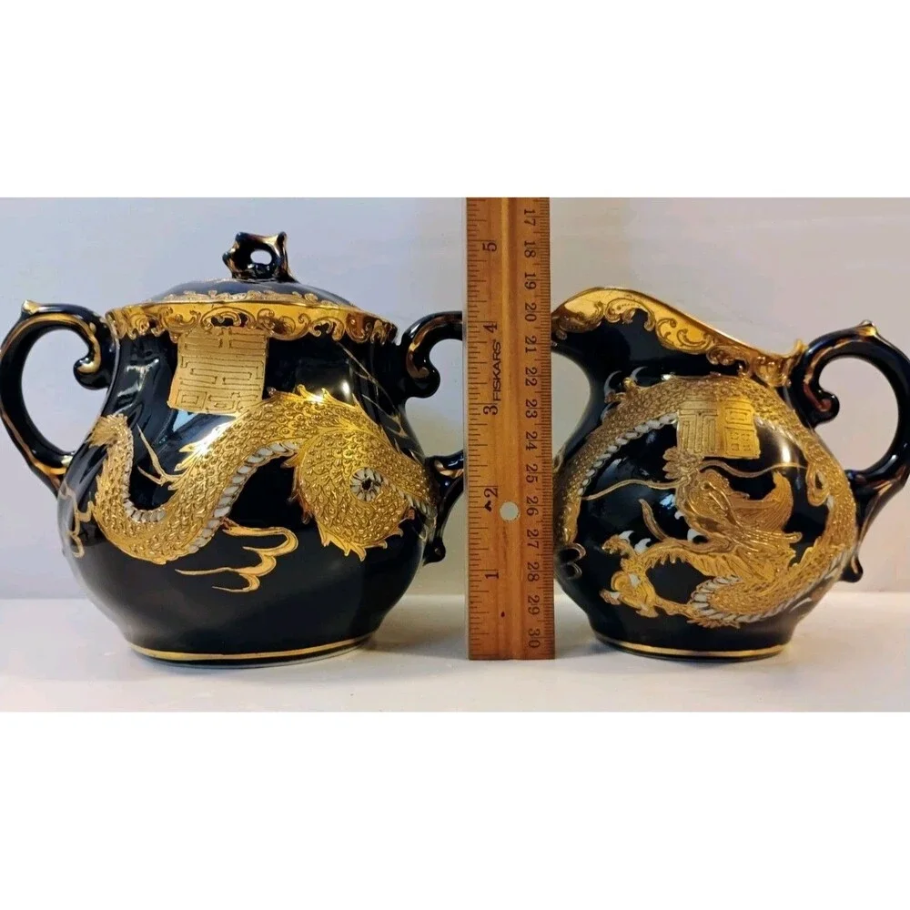 Vtg Chinese Fuzhou Lacquer Dragon Creamer & Sugar Bowl Set Black Gold Collect